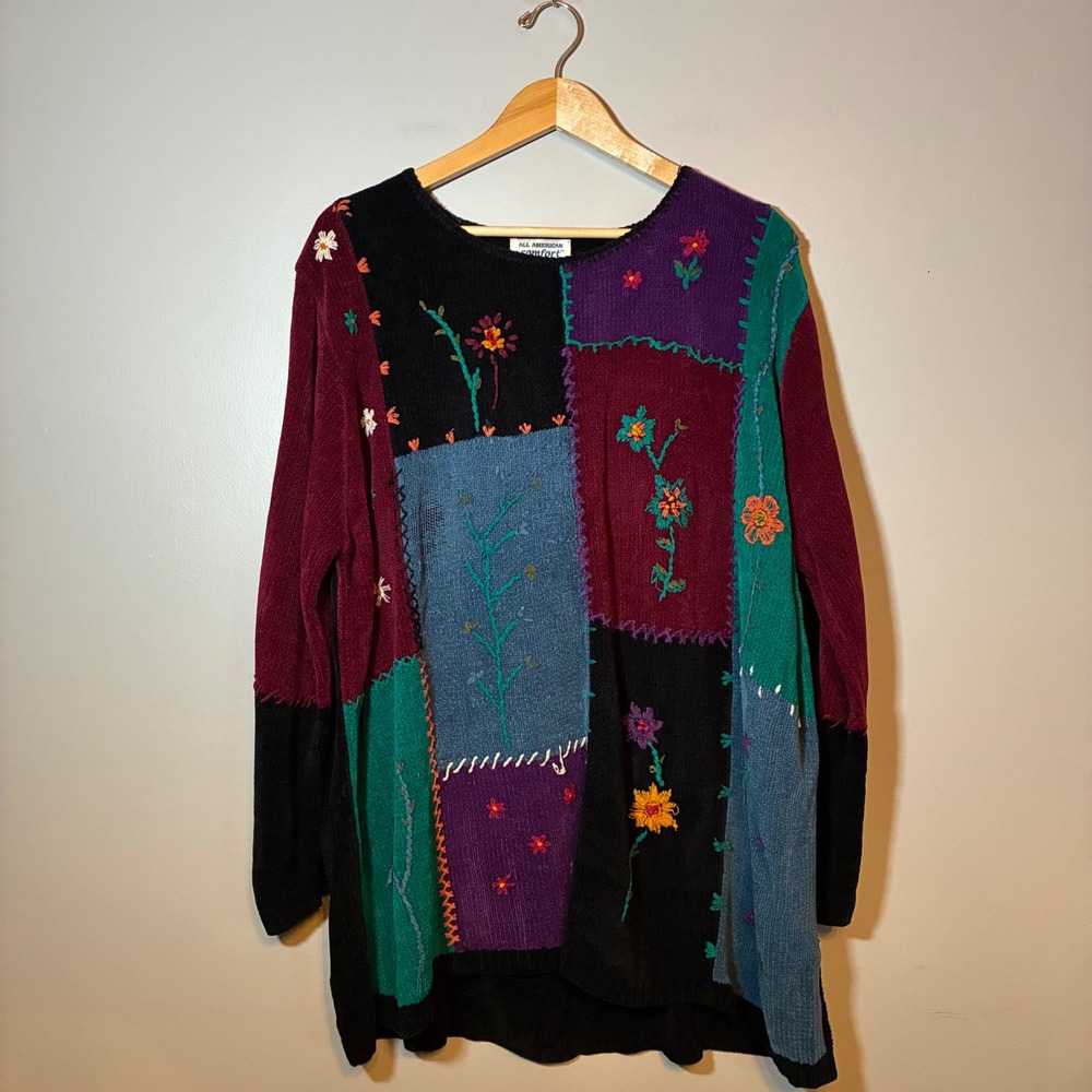 All American Comfort Vintage 90s Patchwork Floral Embroidered Sweater 1X Plus